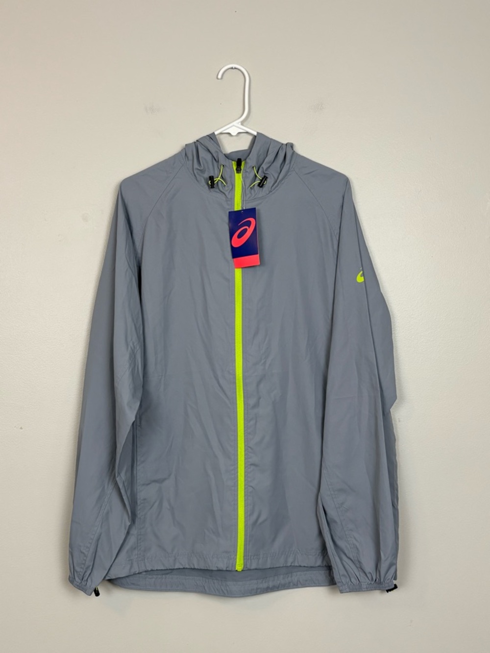 Asics Jacket Mens Lg Packable Travel Outdoors Lightweight Hooded in Gray Flawed